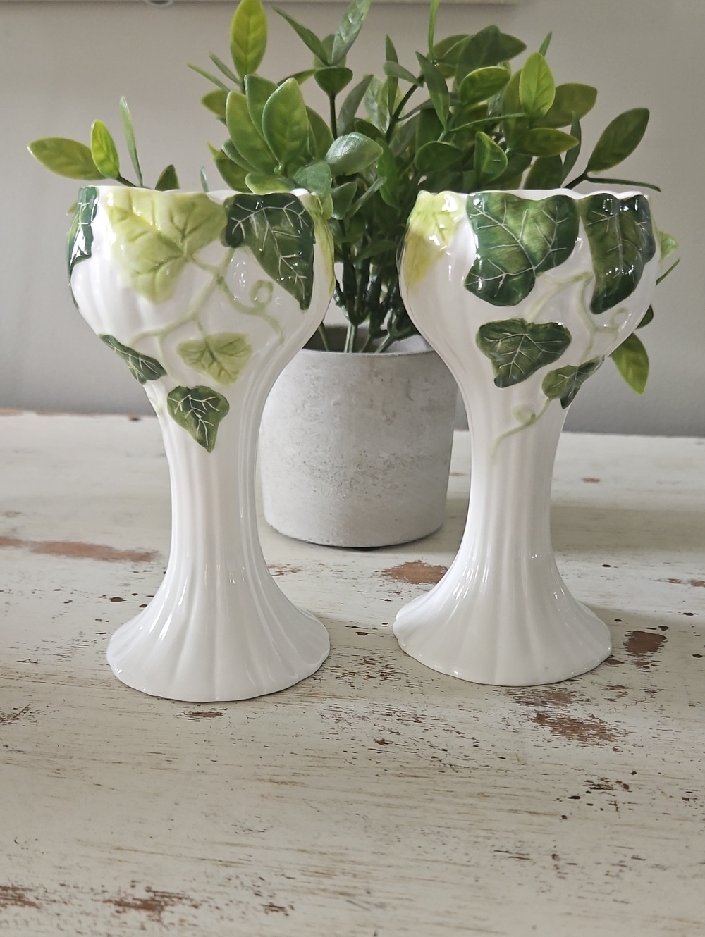 Vintage Pair Millard Lister Ceramic Ivy Candlesticks- White and Green